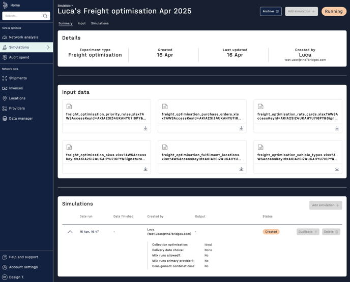 Screenshot of Freight Load Optimisation simulations experiment