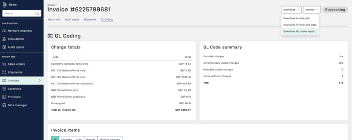 Screenshot of GL coding PDF download on an invoice page