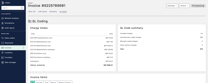 Screenshot of GL coding section summary for an invoice