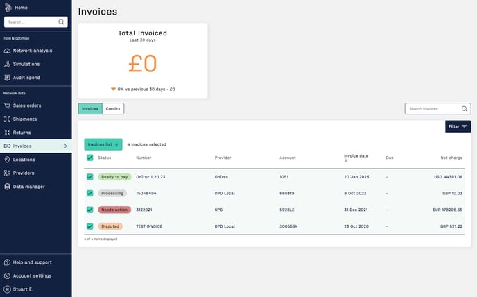 Screenshot of invoices list ready to export