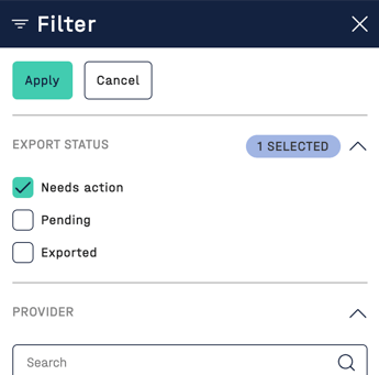 Screenshot of invoices export filter