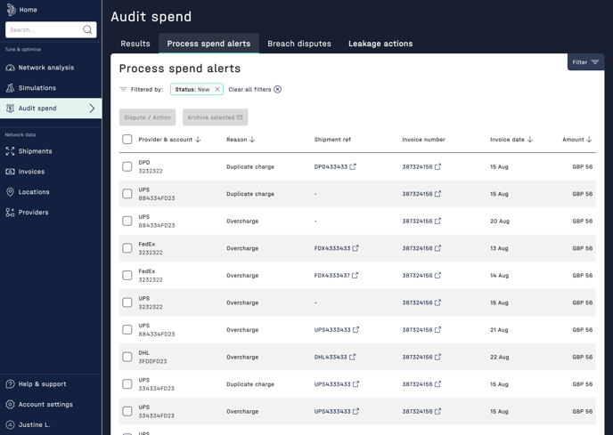 Screenshot of Process spend alerts tab in Audit spend section of 7bridges software