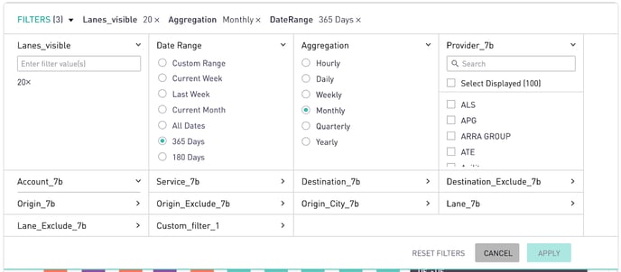 Report filtering screenshot - Top filter drawer open