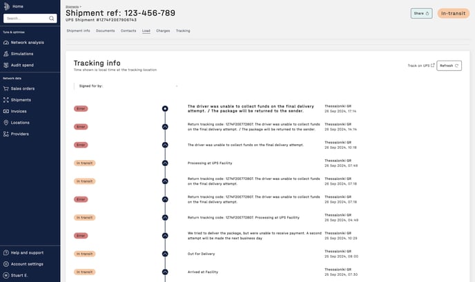 Screenshot of shipment tracking information from 7bridges software