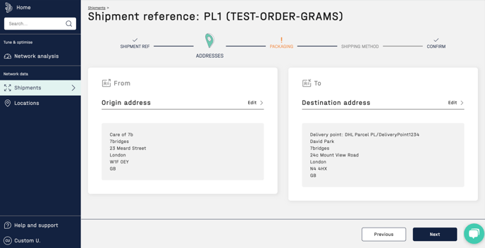 Screenshot of the delivery point data in the booking flow