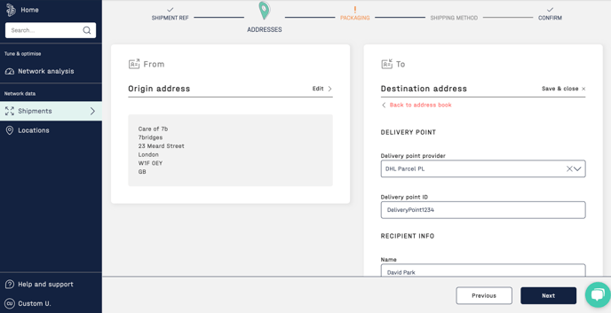 Screenshot of the delivery point data in the booking flow